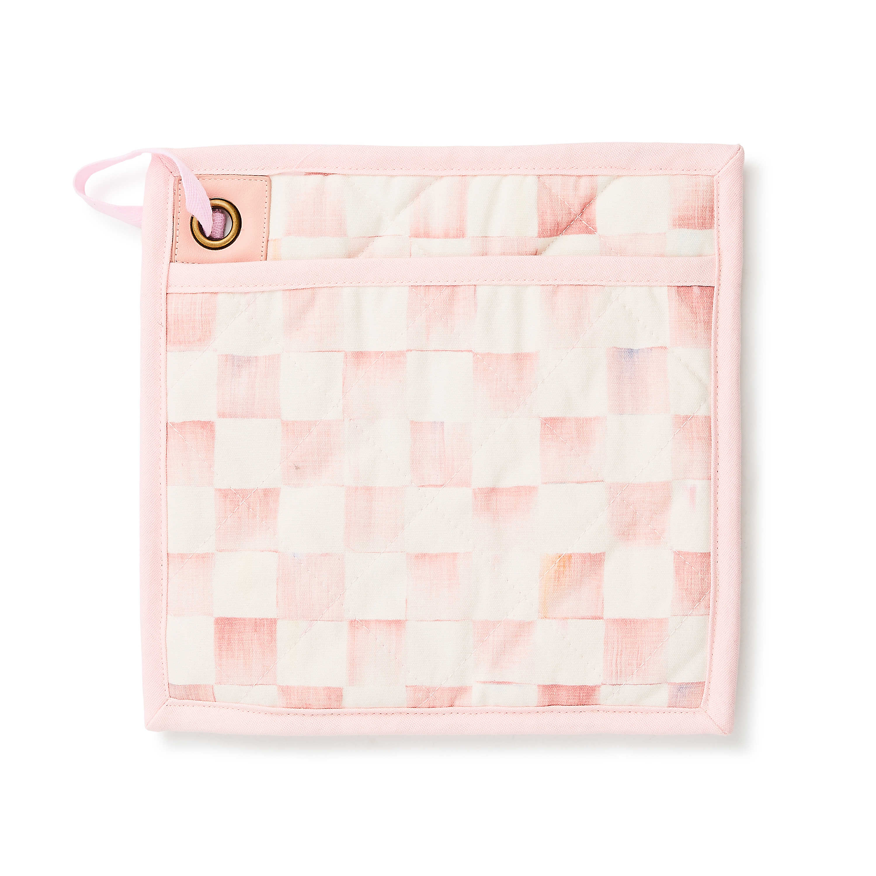 Square cotton potholder with a pink and white watercolor checkerboard pattern and a hanging loop.
