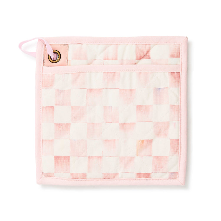Square cotton potholder with a pink and white watercolor checkerboard pattern and a hanging loop.