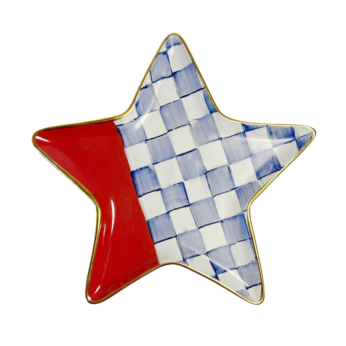 Mackenzie Childs 1776 ceramic star plate with red and blue checkered hand-painted design.