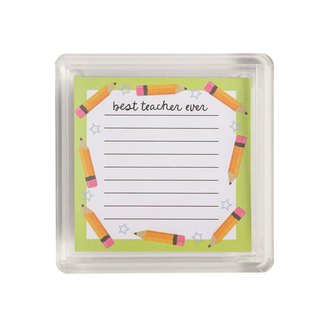 Lined mini notepad in an acrylic caddy featuring a pencil border and "best teacher ever" text.