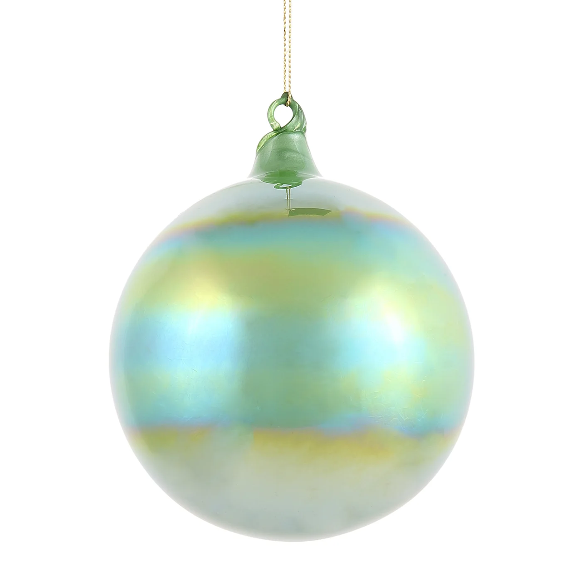 120mm evergreen pearl glass ball ornament with an iridescent finish and gold hanging string.