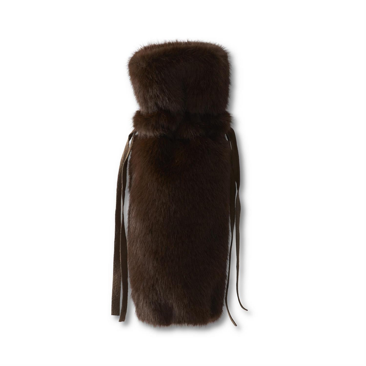 12-inch dark brown vegan fur wine bag with drawstring ties.