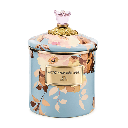Small Wild Rose Slate canister with hand-glazed steel body, bronzed stainless rim, brass accents, and glass lid.