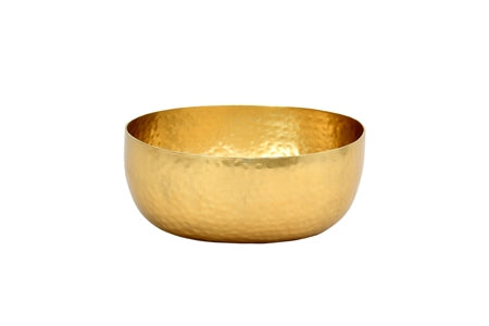 Gold aluminum hammered oval bowl with a textured finish.