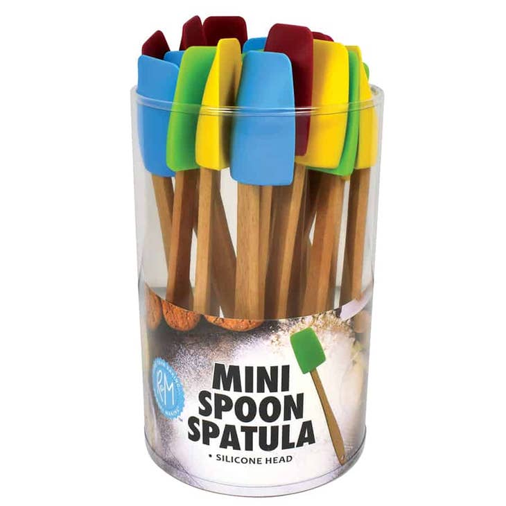 A clear container filled with mini silicone spoon spatulas in various colors with wooden handles.