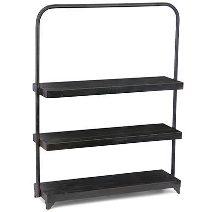 Black metal 3-tier rectangular display shelf with a curved top bar.