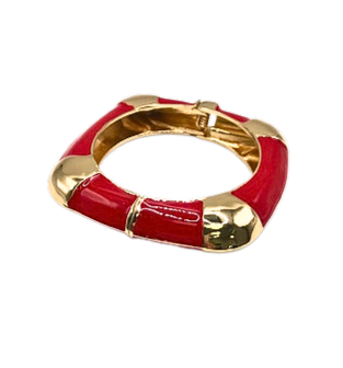 Square-shaped hinged enamel cuff bracelet in red and gold with a 2.5-inch diameter.