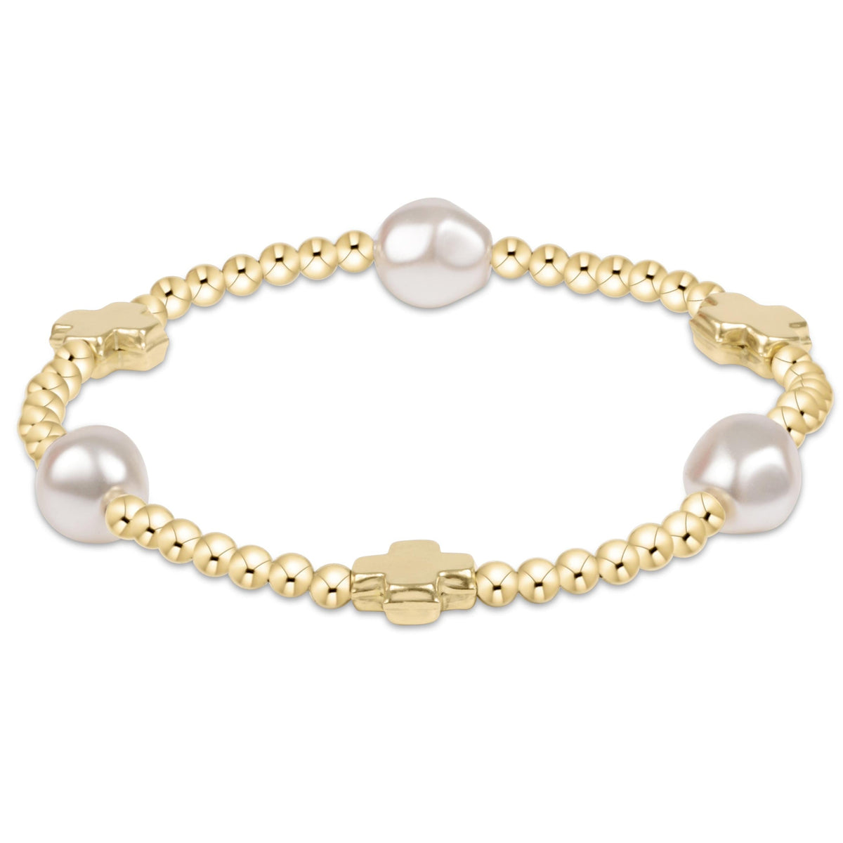 Gold-filled 3mm bead bracelet with three white pearls and three signature cross charms.