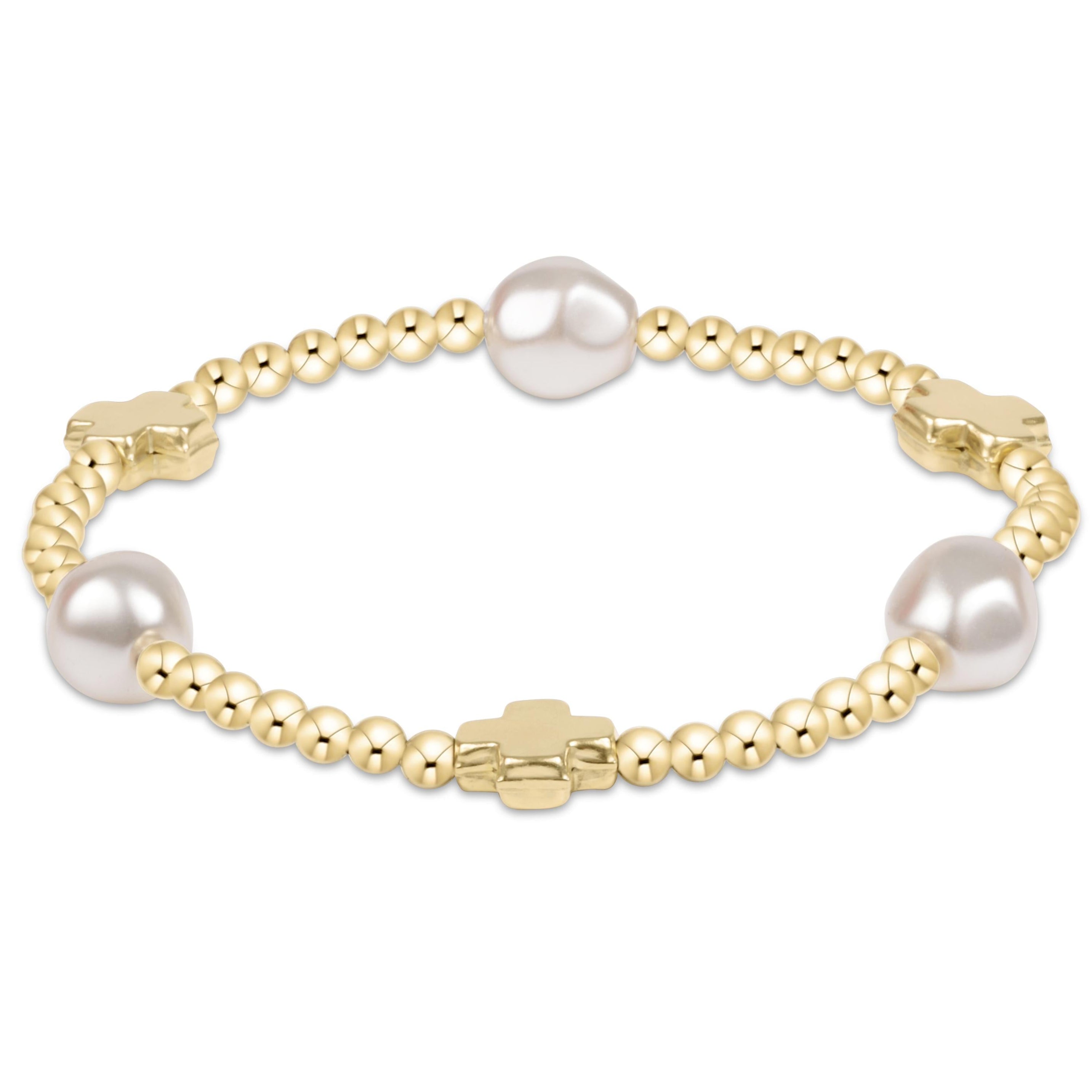 Gold-filled 3mm bead bracelet with three white pearls and three signature cross charms.