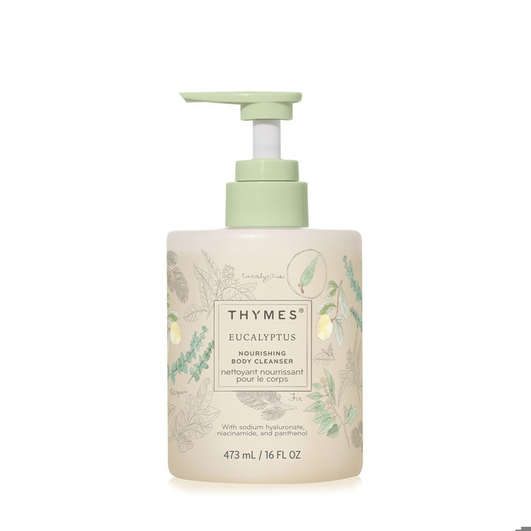 Front view of Nourishing Body Cleanser in Eucalyptus scent with a white bottle and green label.