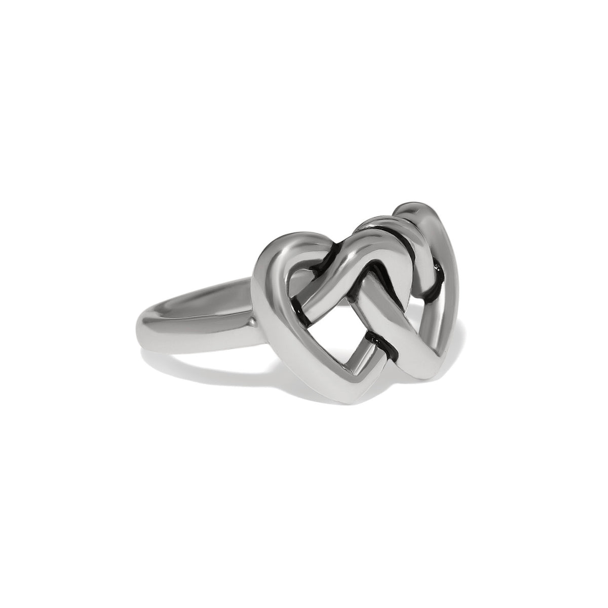 Silver plated Interlok Linked Hearts Ring with two intertwined heart shapes on a smooth band.