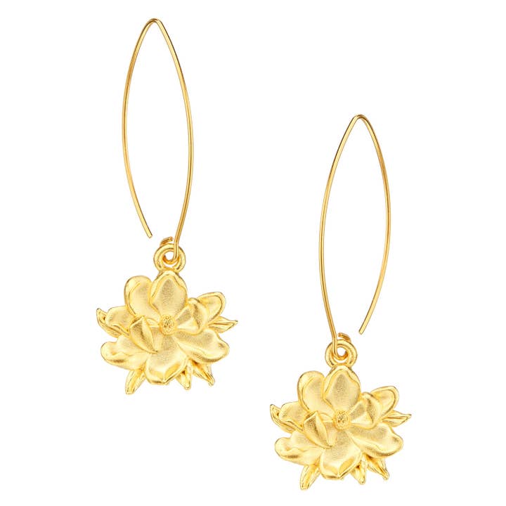 Sterling silver magnolia flower threader earrings with delicate wire loops.