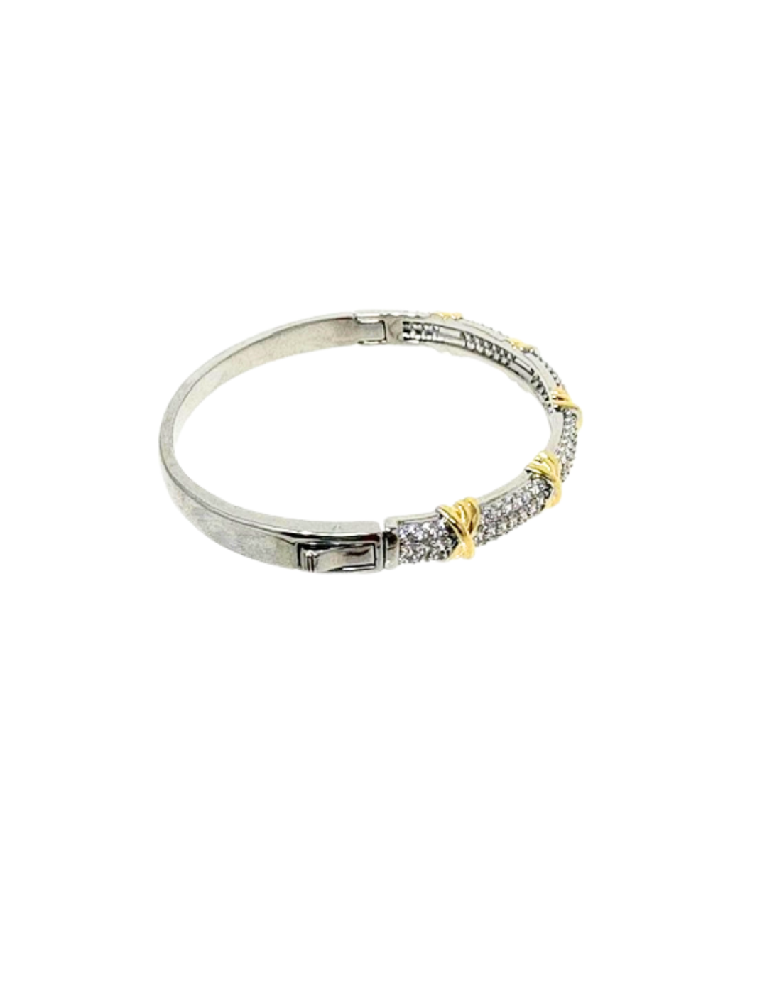 Two-tone silver and gold pave bangle bracelet with crisscross accents and clear stones.