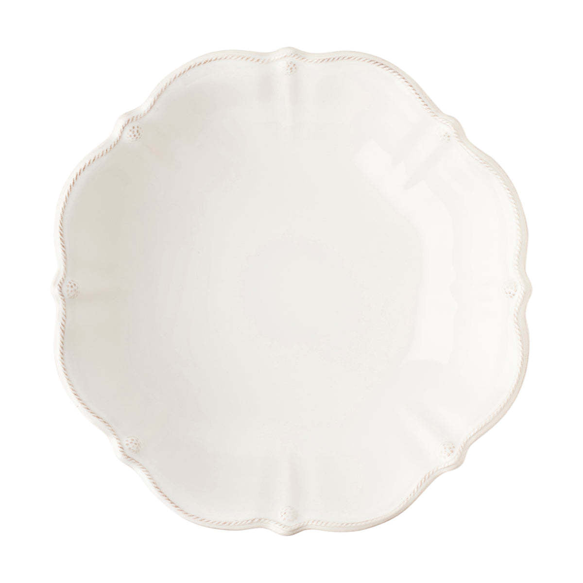 Berry & Thread 13-inch whitewash ceramic serving bowl with scalloped edges and rope detail.