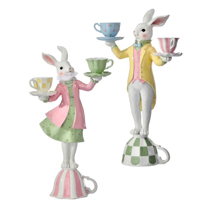 Sixteen-inch white resin bunny figurine holding two small tea cups.