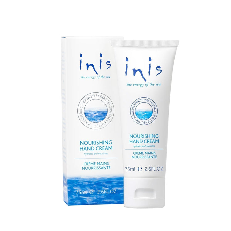 Inis Nourishing Hand Cream in a white tube with black text against a neutral background.