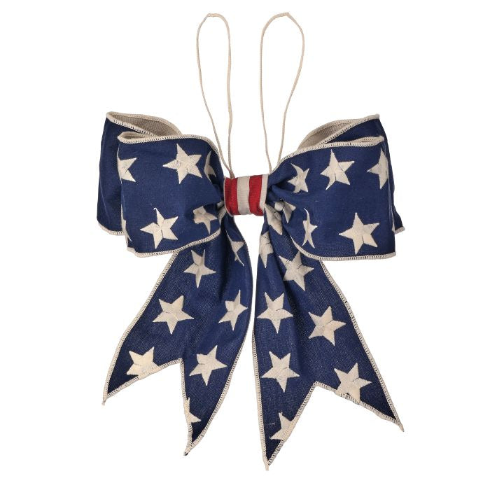 4-inch by 12-inch Americana stars premade bow with red white blue pattern