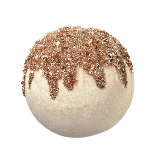 Five-inch velvet ball ornament with dripping sequin design in deep red