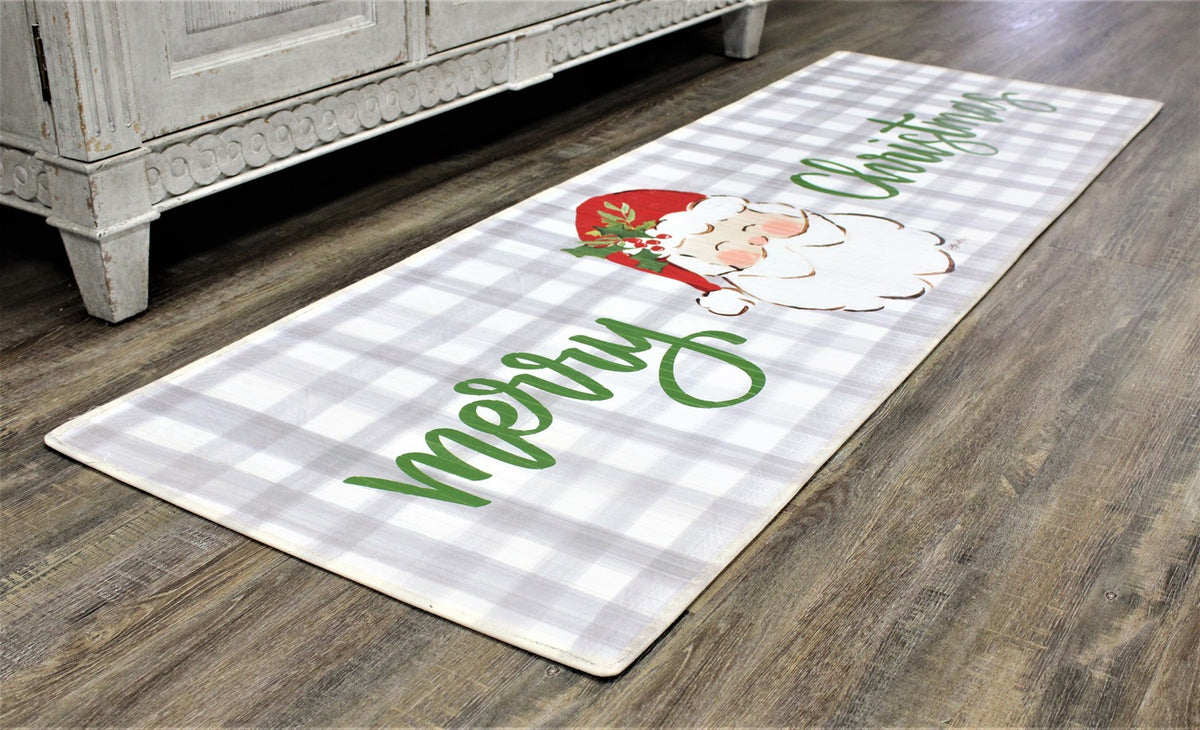 Bamboo floor runner with Merry Christmas text in red on a natural wood grain background.
