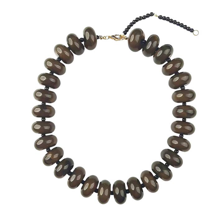 Bailey Chunky Beaded Necklace featuring large, glossy brown marbled beads and a gold-tone clasp.