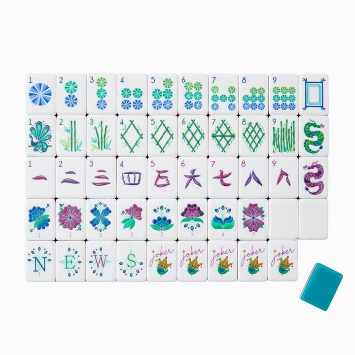 Lagoon Mahjong Tiles featuring colorful floral, bamboo, and character designs on white acrylic.