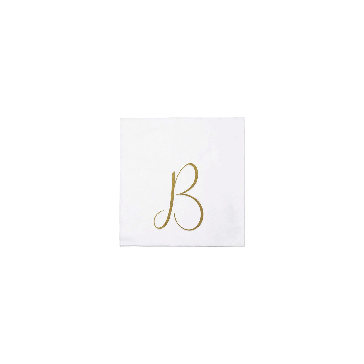 White Papersoft cocktail napkin with a gold script monogram letter B in the center.