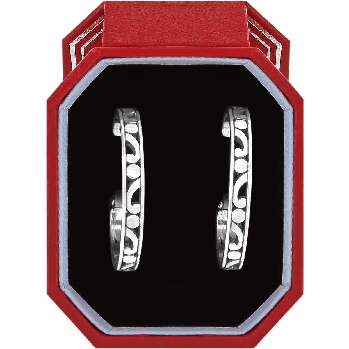 Silver medium hoop earrings displayed in a gift box.