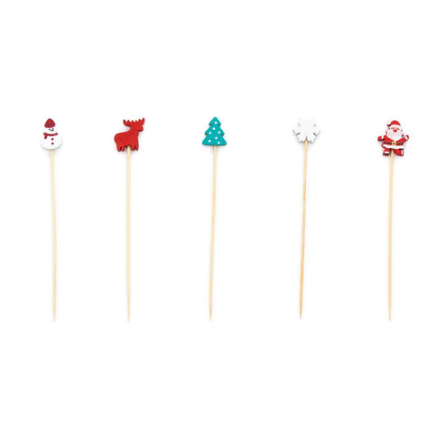 Five holiday-themed bamboo cocktail picks featuring a snowman, reindeer, tree, snowflake, and Santa.