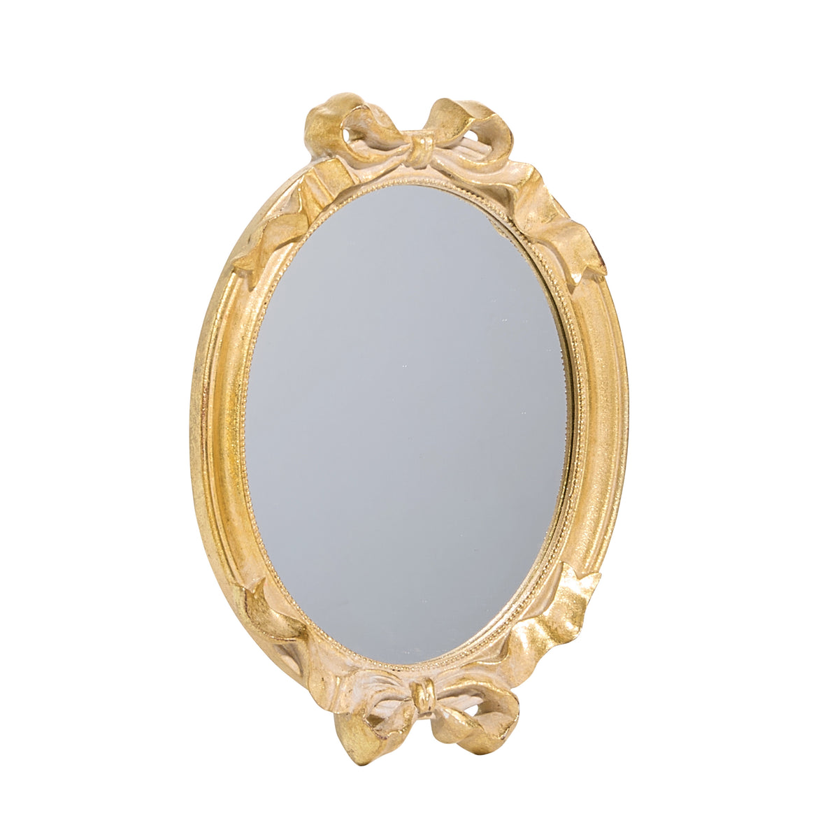 8.25-inch oval mini mirror with a gold-finished frame featuring decorative bows at the top and bottom