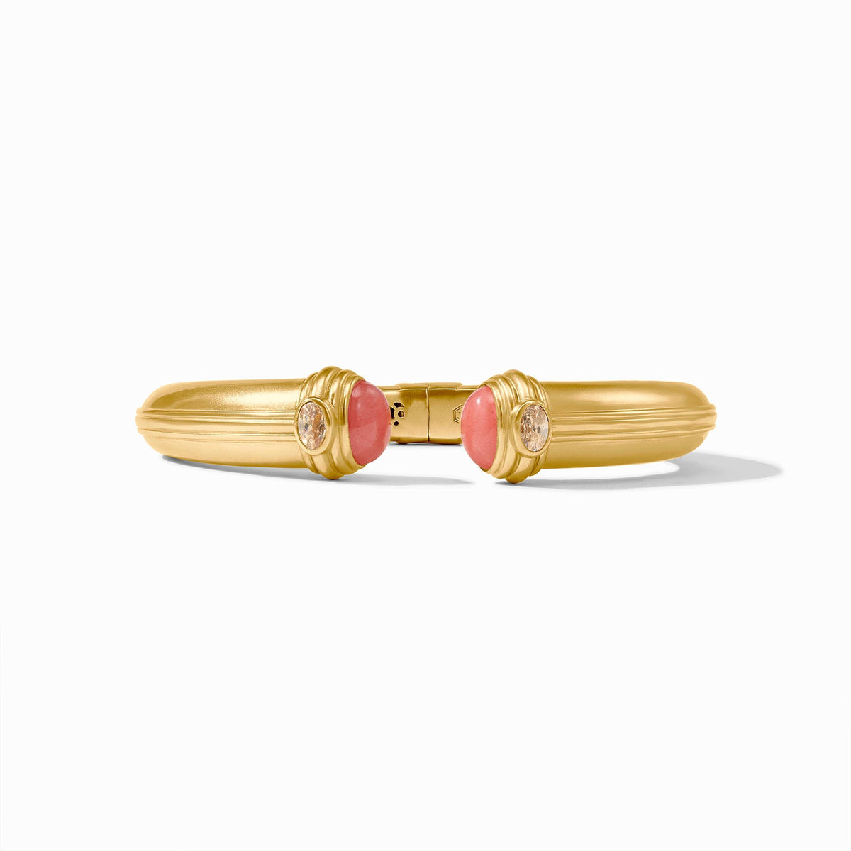 Portofino Cuff bracelet featuring a jade stone set in 24K gold plate with an imported glass accent and spring hinge closure.