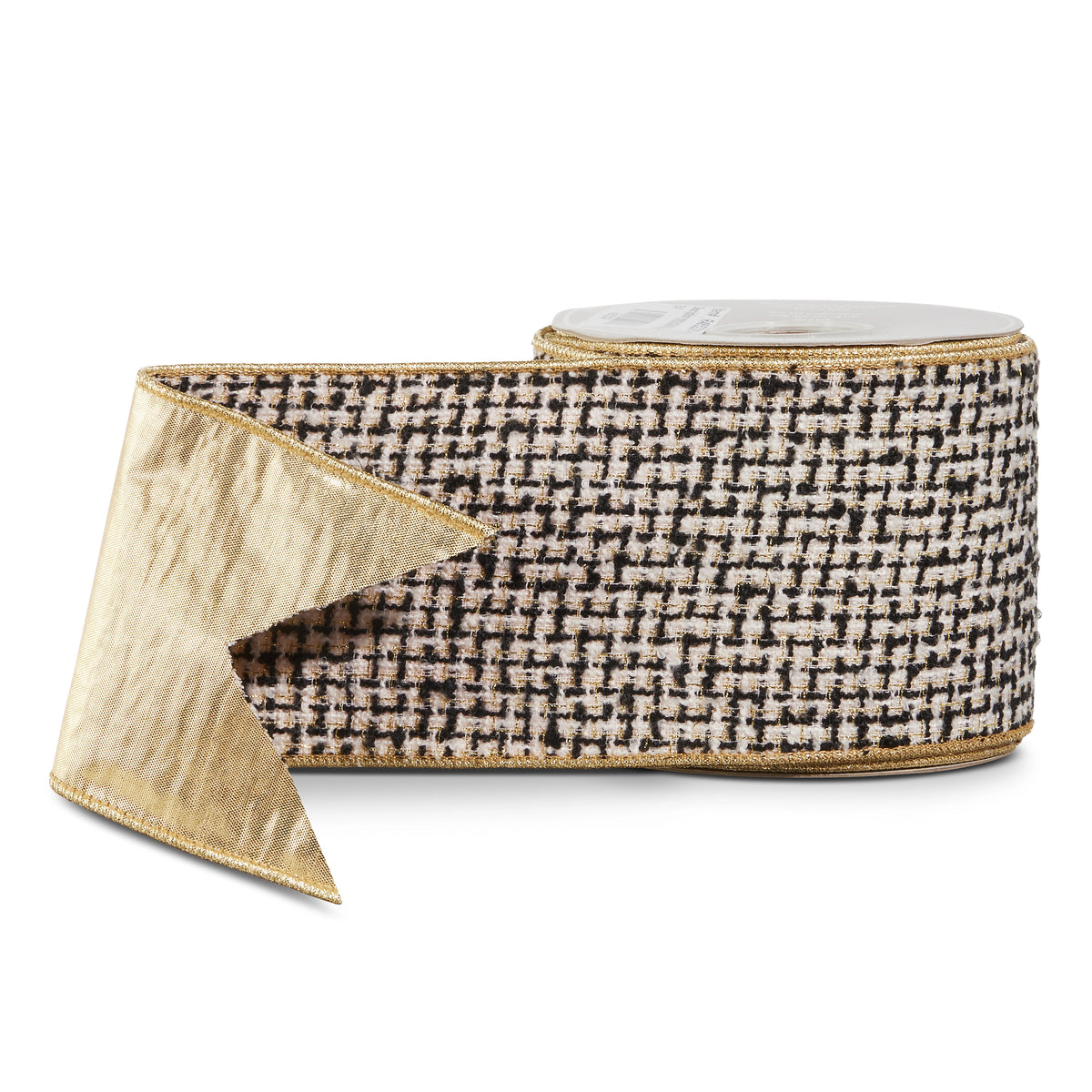 4 inch wide black and white tweed wired ribbon with gold metallic backing on a spool.