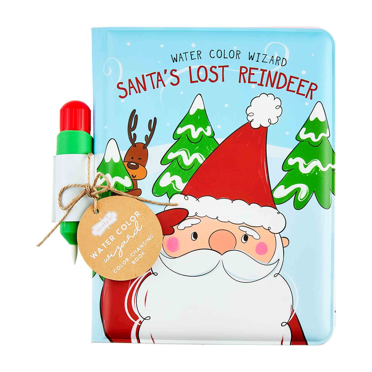 Plastic watercolor wizard Santa book measuring 7½ x 5½ inches with a pen included.