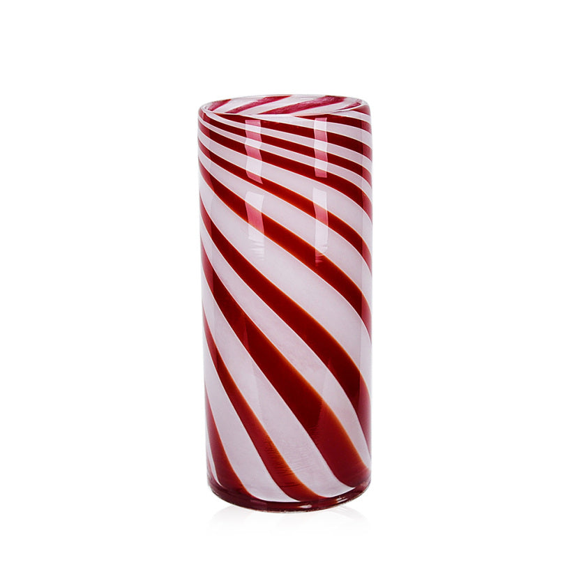 Christmas vase with candy cane-inspired diagonal stripes in red and white.