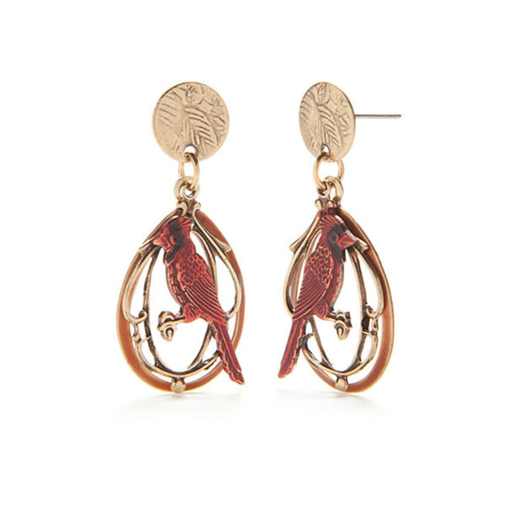 Gold-tone drop earrings featuring a red cardinal perched on a filigree tree branch design.