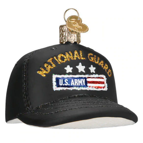 Black glass National Guard cap ornament with gold glitter text and a U.S. Army flag patch.