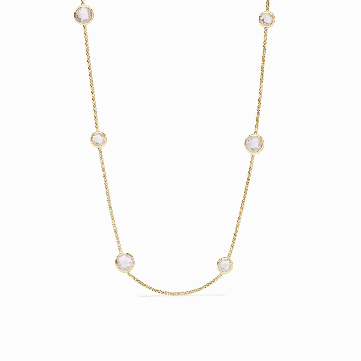 Rainbow Station Necklace in 24K gold plate with round clear glass stones on a delicate chain.