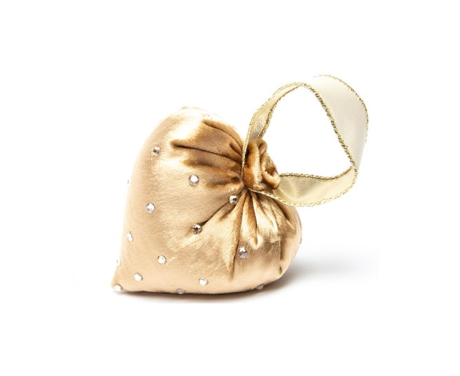 Small heart-shaped crystal silk velvet ornament with attached ribbon