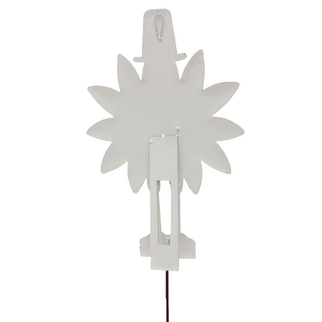 Back view of a white metal turkey nutcracker garden stake with a hanging loop and support stand.