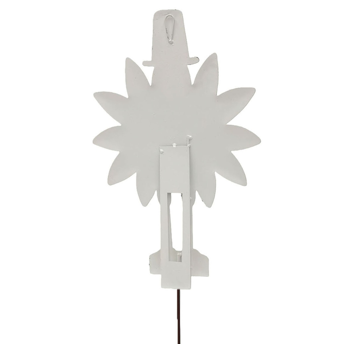 Back view of a white metal turkey nutcracker garden stake with a hanging loop and support stand.