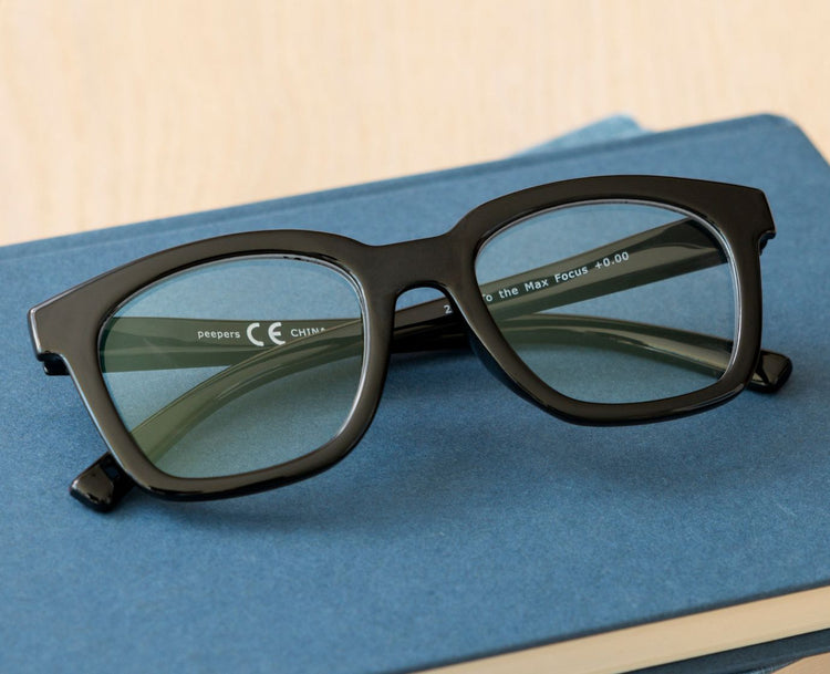 To the Max Progressives eyeglasses with blue light focus lenses in a polycarbonate frame featuring spring hinges.
