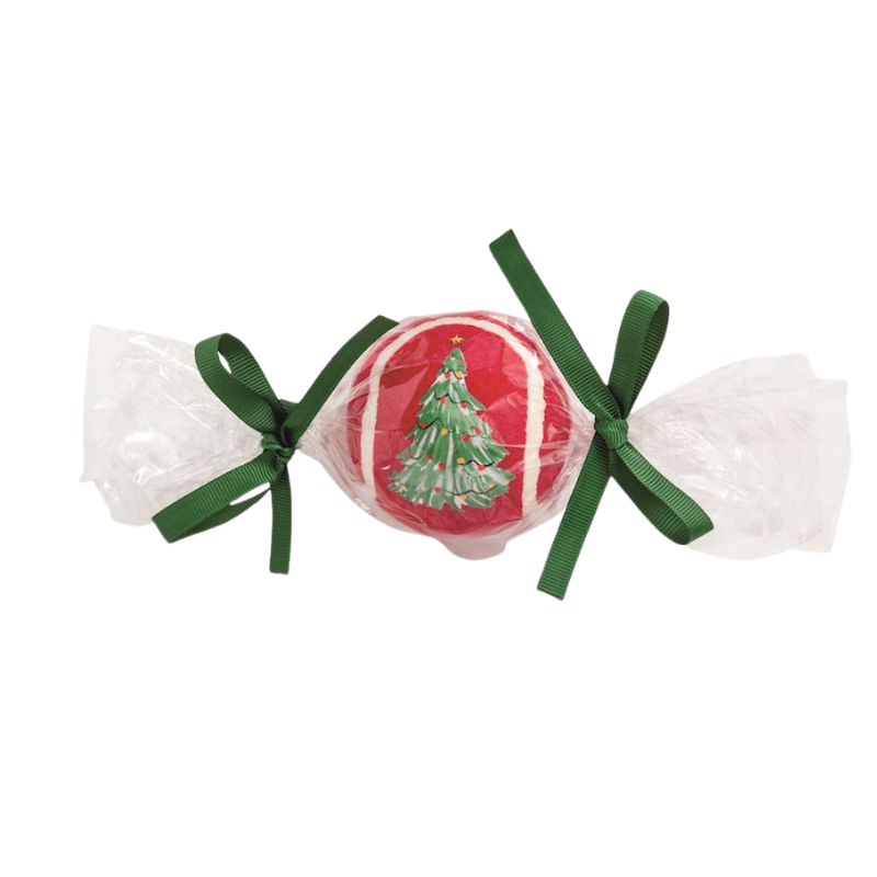 Red Christmas pet tennis ball with a green tree design, wrapped in clear film with green bows.