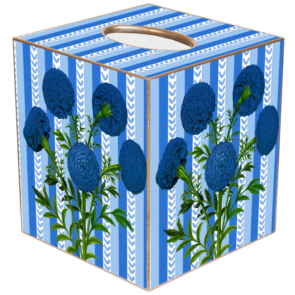 Hand-cut paper mache tissue box cover with gold-painted edges.