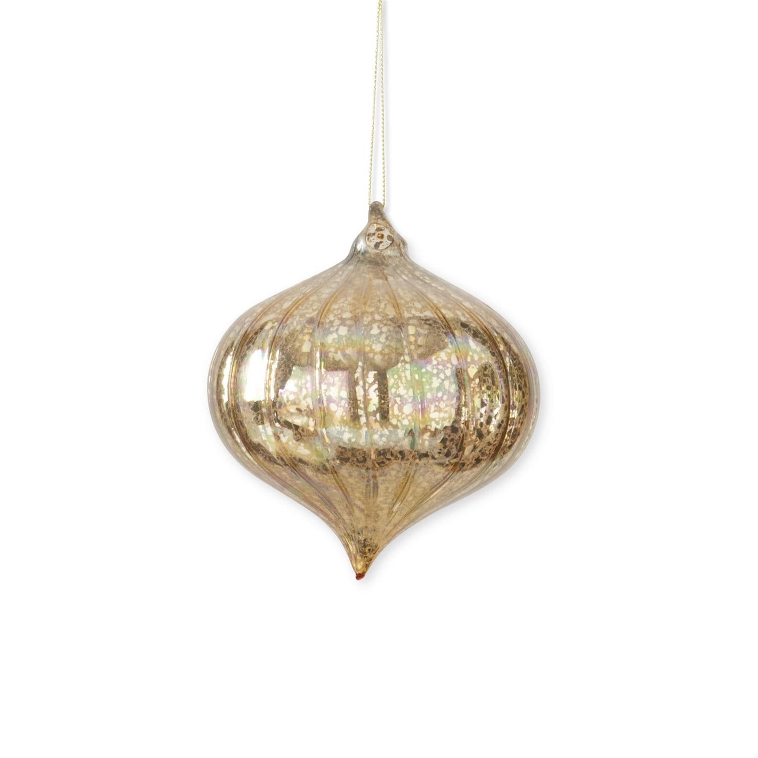 Five-inch gold ribbed mercury glass onion-shaped ornament with reflective finish