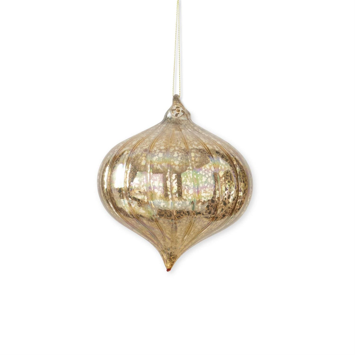 Five-inch gold ribbed mercury glass onion-shaped ornament with reflective finish