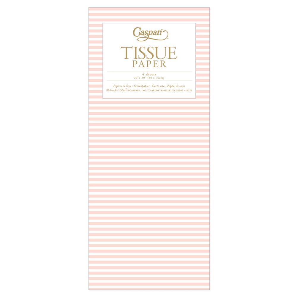 Four sheets of blush pink and white horizontal striped tissue paper in a clear package.