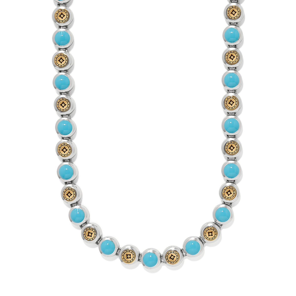 Silver-tone mosaic link necklace with turquoise enamel accents on a silver chain.