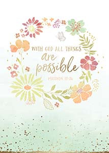 Christian greeting card with a floral wreath and the verse Matthew 19:26 in gold foil script.
