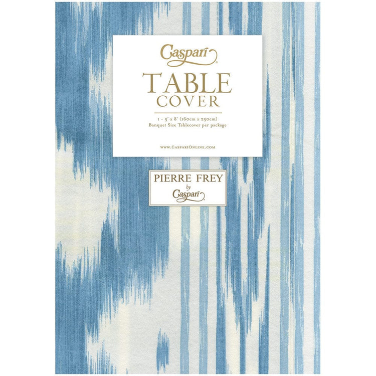 Toile De Nantes Blue Paper Linen Table Cover with a blue and white ikat pattern.