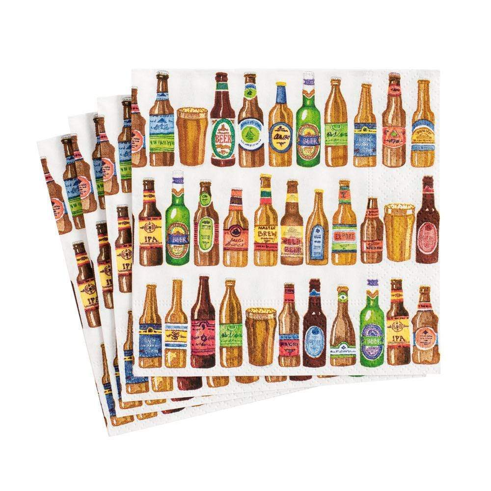 A stack of cocktail napkins featuring a colorful print of various beer bottles and glasses.