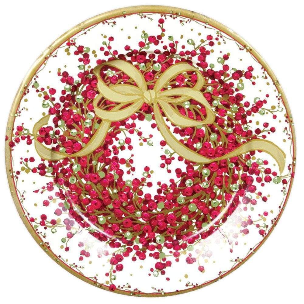 Pack of eight white paper dinner plates with a porcelain-style rim pattern.